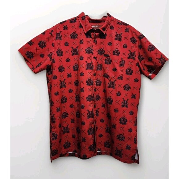 Retro Rifle McDojoLife Shirt Mens XL Red Samurai All Over Button Down Collab EUC - Picture 1 of 7